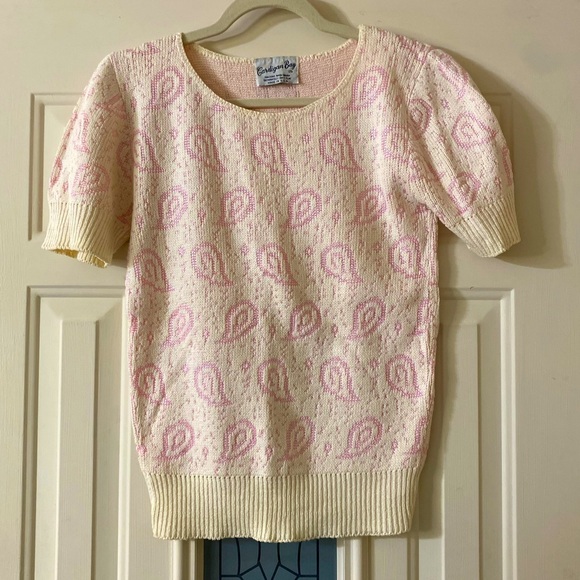 Vintage Paisley Short Sleeve Sweater Pink Cream Cardigan Bay Small - Picture 5 of 5